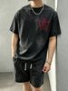 230g Vintage Washed Men T-shirt Red Gothic WA Monogram Logo Print Crew Neck Short Sleeve Street Top_viptrois.com