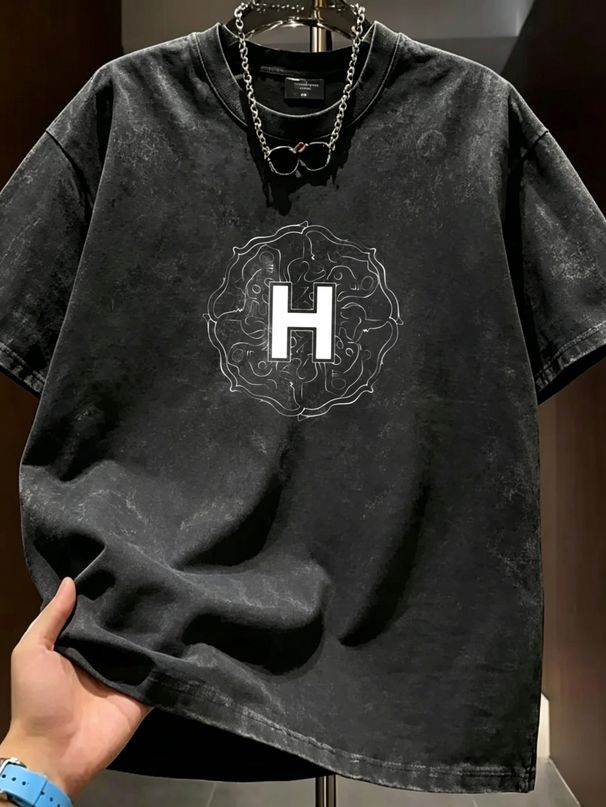 Vintage Ornate Letter H Graphic 230G Washed Cotton Oversized T-Shirt Men's Casual Luxury Short Sleeve Summer Tee_viptrois.com