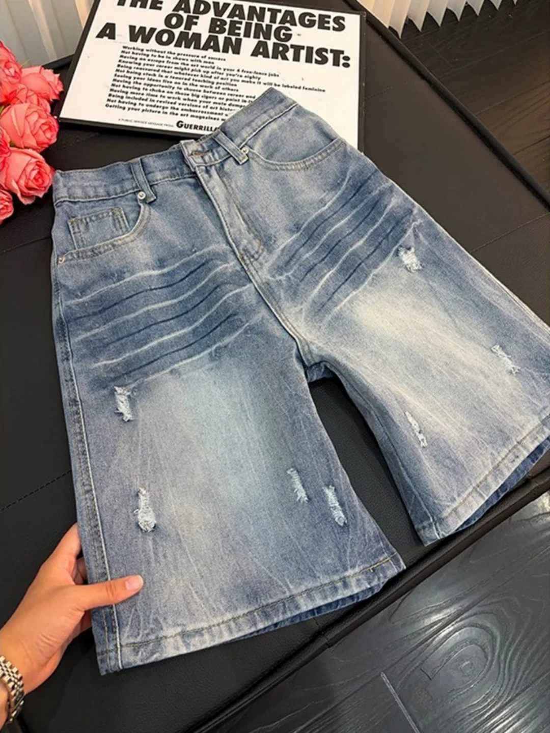 Men's American Retro Distressed Washed Ripped Denim Shorts Trendy Loose Straight Leg Five Point Casual Mid-Length Pants_viptrois.com