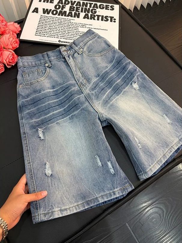 Men's American Retro Distressed Washed Ripped Denim Shorts Trendy Loose Straight Leg Five Point Casual Mid-Length Pants_viptrois.com