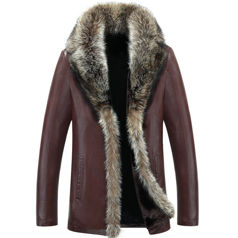 Men's Premium Raccoon Fur-Lined Leather Coat, Mid-Length Winter Jacket With Thick Fur Collar, Classic Black/Red Brown, Straight Cut For Business_viptrois.com