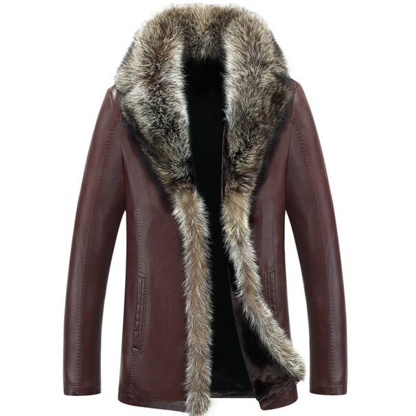 Men's Premium Raccoon Fur-Lined Leather Coat, Mid-Length Winter Jacket With Thick Fur Collar, Classic Black/Red Brown, Straight Cut For Business_viptrois.com