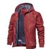 Men's Faux Leather Hooded Jacket – PU Coated Windbreaker, Warm Fleece Lined, Stylish Biker-Inspired Outerwear (S-XXXL, Dark Brown/Black/Red)_viptrois.com