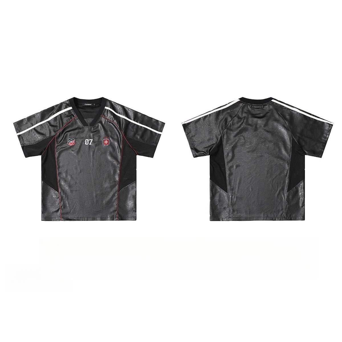 American-style Sports Short-sleeve T-shirt For Men Women, Loose And Breathable, Summer PU Leather Patchwork Hip-hop_viptrois.com