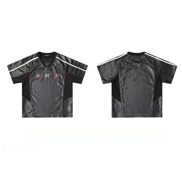 American-style Sports Short-sleeve T-shirt For Men Women, Loose And Breathable, Summer PU Leather Patchwork Hip-hop_viptrois.com