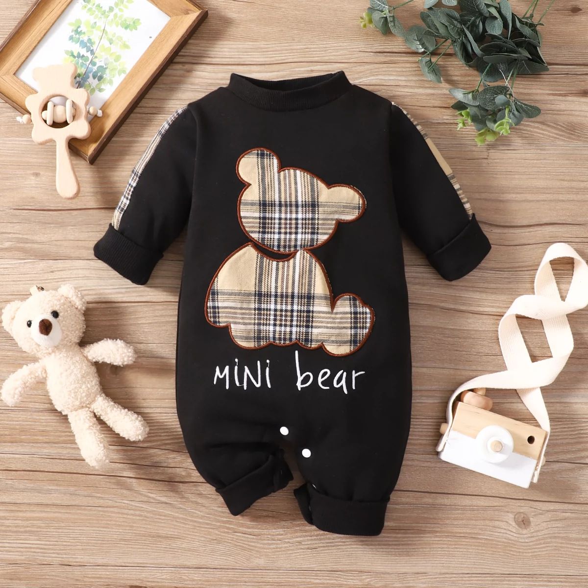 Kids’ Clothing Newborn Baby Boy Spring And Autumn Plaid Patch Bear Long Sleeved Openable One Piece Rompers_viptrois.com