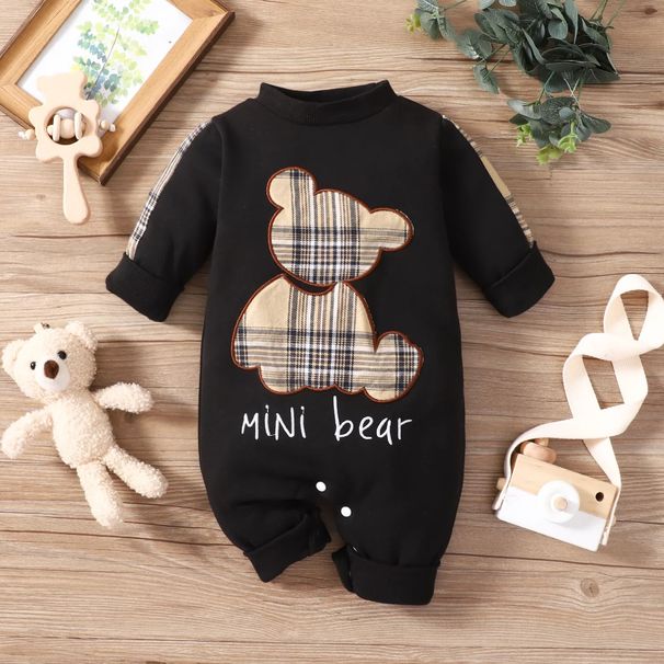 Kids’ Clothing Newborn Baby Boy Spring And Autumn Plaid Patch Bear Long Sleeved Openable One Piece Rompers_viptrois.com