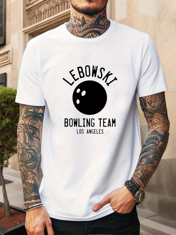 Maglietta Uomo 100% Cotone 180g Girocollo, Stampa Logo Squadra Bowling Lebowski, Tessuto Morbido Casual Estivo_viptrois.com