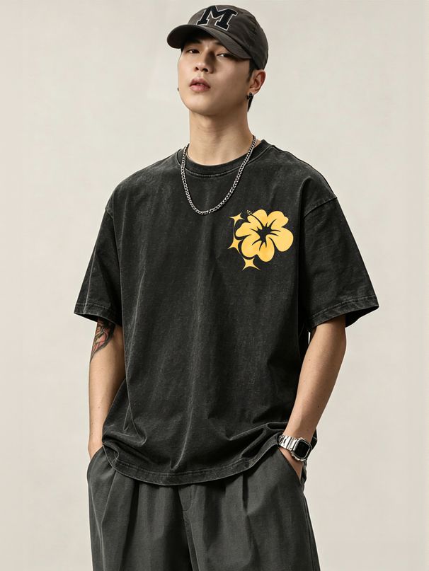 230g Washed Men T-Shirt Yellow Hibiscus Flower Print Short Sleeve Crew Neck Casual Streetwear Top_viptrois.com