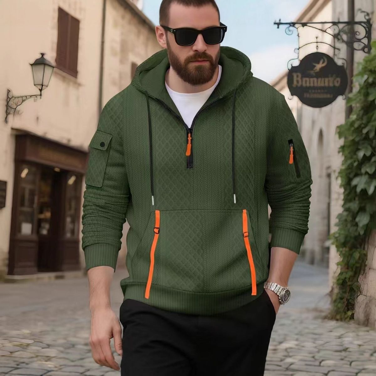 Men's Clothing Zip-Up Hoodie With Jacquard Detailing - Multi-Pocket Streetwear Pullover | Casual Athletic Wear In White/Grey/Black/Khaki/Army Green_viptrois.com