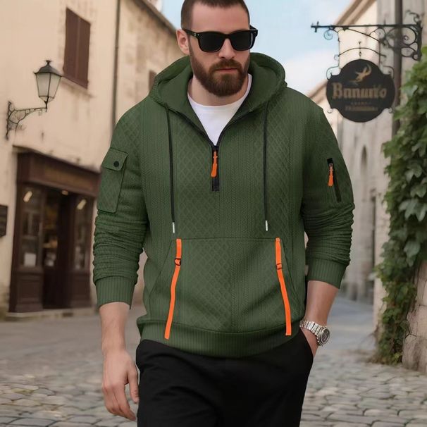 Men's Clothing Zip-Up Hoodie With Jacquard Detailing - Multi-Pocket Streetwear Pullover | Casual Athletic Wear In White/Grey/Black/Khaki/Army Green_viptrois.com