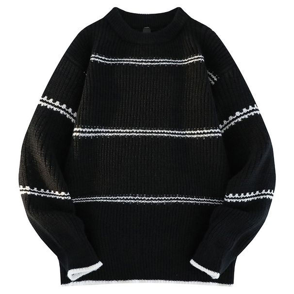 Men's Clothing Sweater Knitted Sweater Loose Trend Casual Knit Sweater Japanese Style Striped Crewneck Pullover Lightweight Loose Fit Long Sleeve_viptrois.com