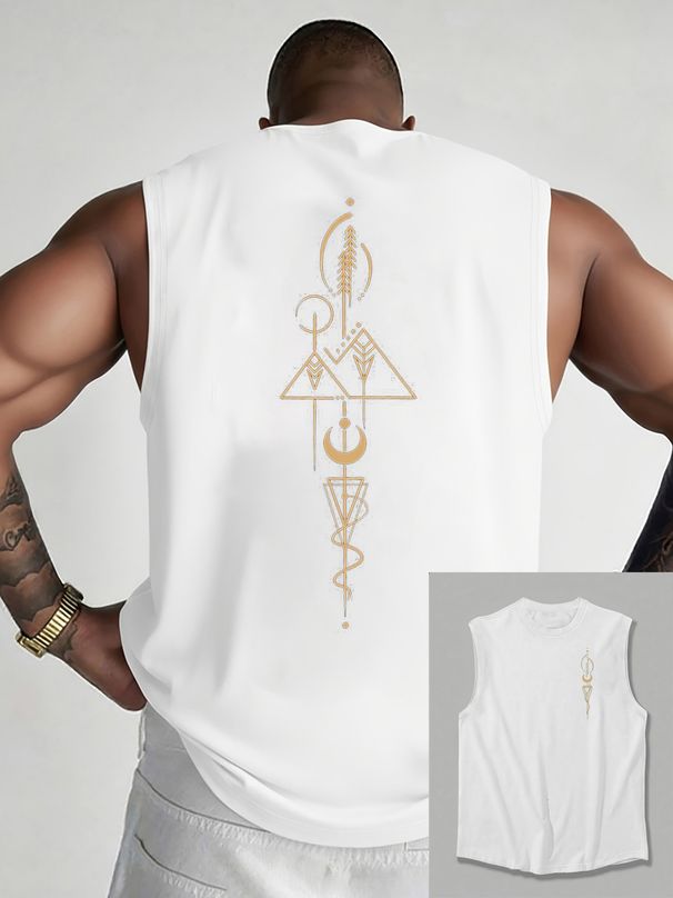 100% Pure Cotton Men's Summer Casual Sports Fitness Loose And Fashionable Geometric Pattern Printed Breathable Round Neck Sleeveless Vest_viptrois.com