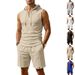 Men's Clothing Summer Men's Casual Sports Set Loose Knit Drawstring Waffle Sleeveless Hooded Vest And Shorts Style_viptrois.com