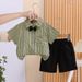 2025 Korean Version Summer Striped Short Sleeved Shirt Boys' Suspender Shorts Two-piece Set, Gentlemen's Baby One Year_viptrois.com