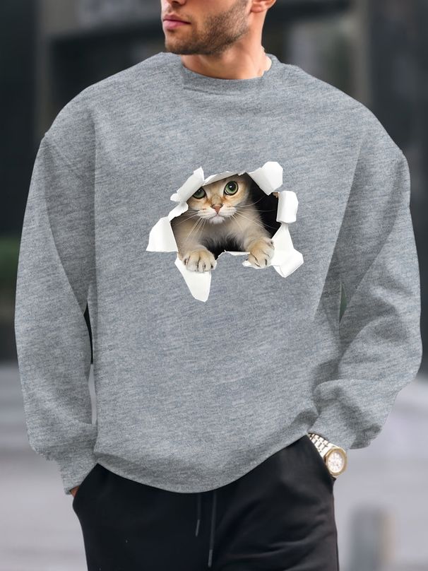 Men's Loose Casual And Fashionable 3D Cat Pattern Printed Round Neck Long Sleeved Sweatshirt For Autumn And Winter_viptrois.com