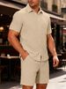 New Summer Men's Solid-color Jacquard Shirt Casual Sports Breathable Short-sleeved Short Pants Set_viptrois.com