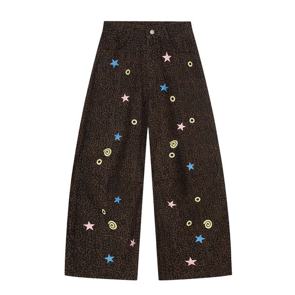 Fun Starry Leopard Print Oversized Men's Trendy Brand Vibe Style Pleated Design Niche Denim Casual Pants_viptrois.com