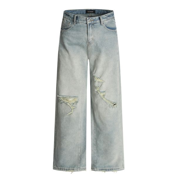 Distressed Straight-Leg Jeans For Men Loose Wide-Leg American Street Style Punk Washed Faded Vintage Design Long Pants_viptrois.com