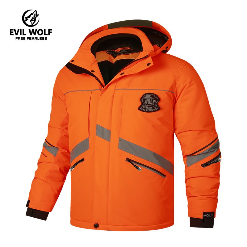 "Men's Thickened Ski Jacket – Detachable Hood, Windproof Polyester, Winter Hiking & Urban Outdoor Coat (Black, Orange, Neon Green)"_viptrois.com