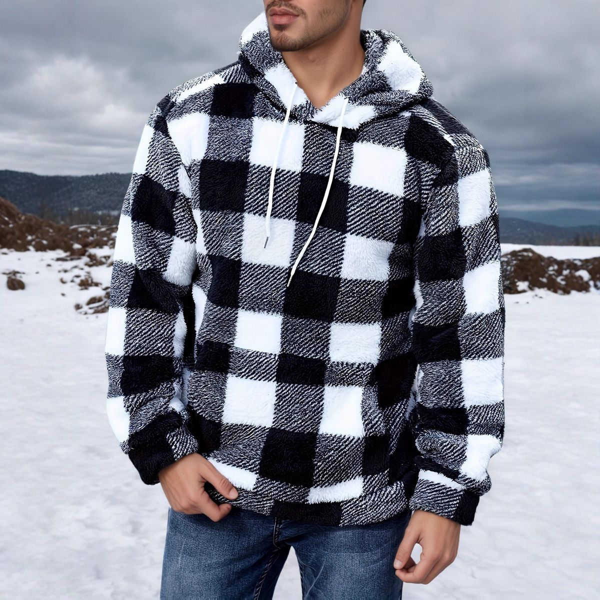 Men's Clothing Plaid Faux Fur Hooded Sweatshirt - Winter Cozy Fleece Pullover With Kangaroo Pocket, Oversized Fit, Soft & Warm Casual Streetwear_viptrois.com