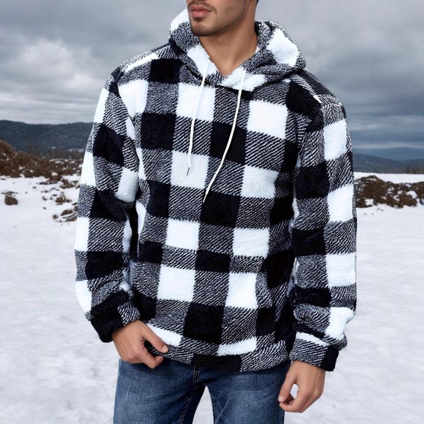 Men's Clothing Plaid Faux Fur Hooded Sweatshirt - Winter Cozy Fleece Pullover With Kangaroo Pocket, Oversized Fit, Soft & Warm Casual Streetwear_viptrois.com