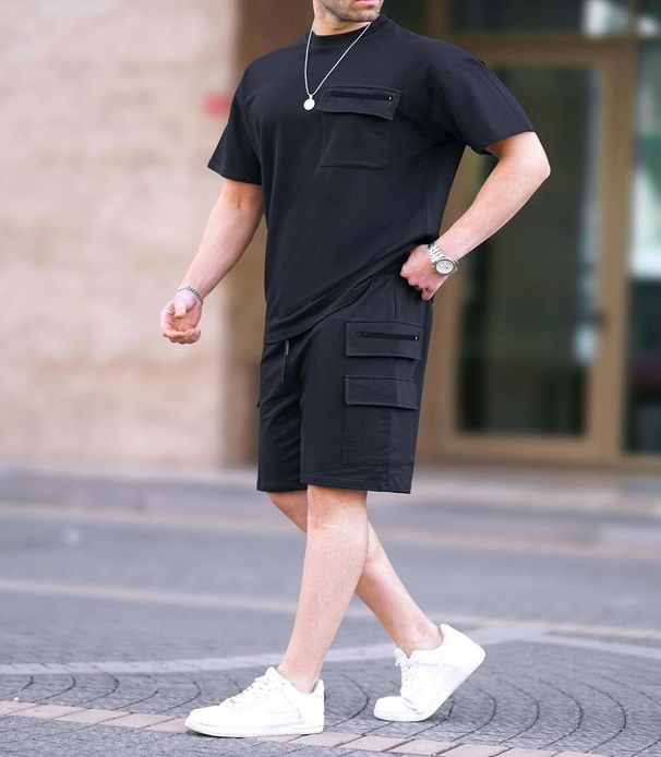 Men's Clothing Summer Multi Pocket Workwear Short Sleeved T Shirt Shorts Casual Suit_viptrois.com