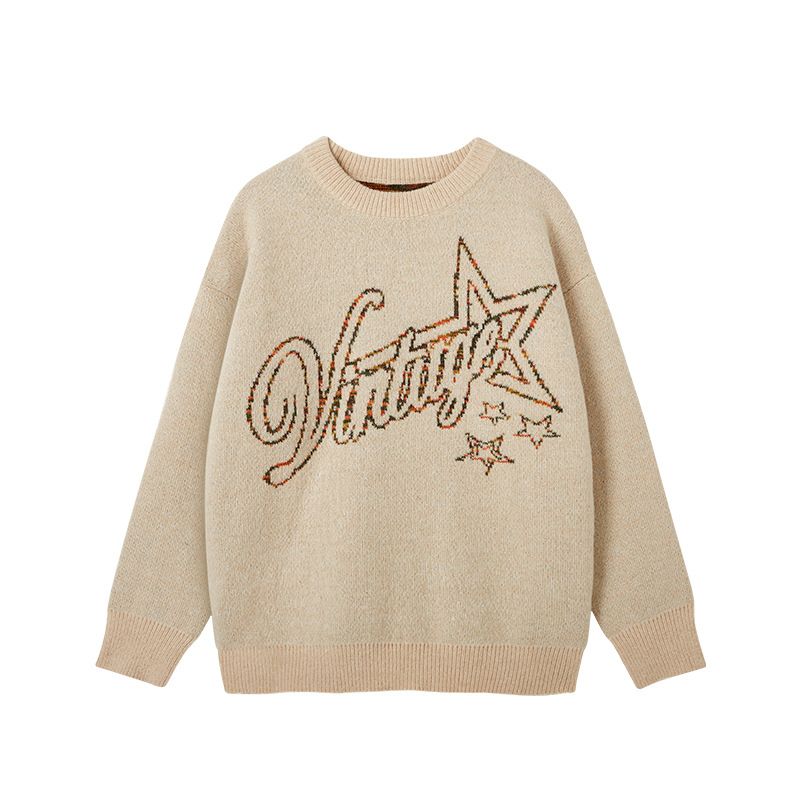 Men's Clothing Embroidered Crew Neck Knitwear Vintage Street Style Unisex Crewneck Sweater With Embroidery – Retro Knit Pullover For Men & Women_viptrois.com