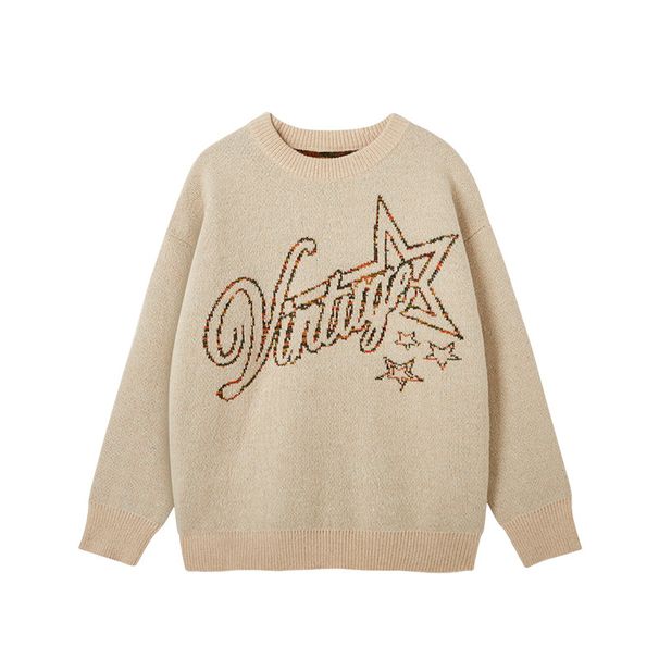 Men's Clothing Embroidered Crew Neck Knitwear Vintage Street Style Unisex Crewneck Sweater With Embroidery – Retro Knit Pullover For Men & Women_viptrois.com