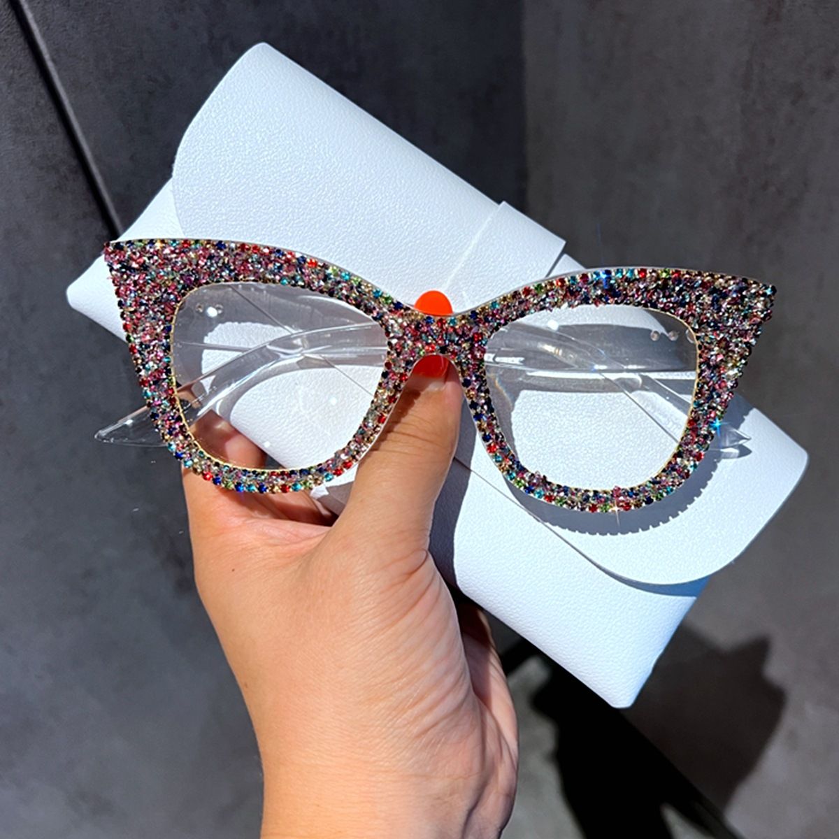 New Personalized Cat Eye Handmade Gravel Glasses Female Trendy Decorative Sunglasses Big Face Slimming Flat Glasses Net Celebrity_viptrois.com