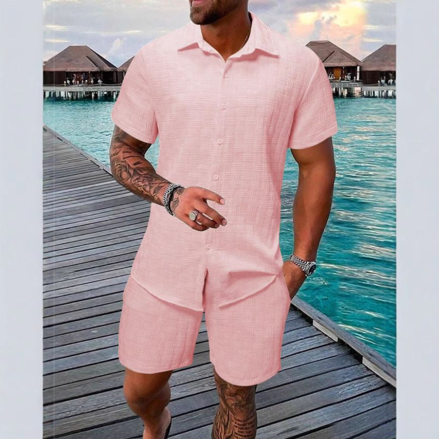 Men's Clothing Summer Jacquard Black And White Solid Color Men's Suit Short Sleeved Vacation Casual Style Shirt Shorts Two Piece Suit_viptrois.com