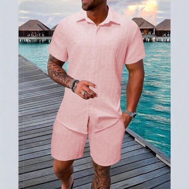 Men's Clothing Summer Jacquard Black And White Solid Color Men's Suit Short Sleeved Vacation Casual Style Shirt Shorts Two Piece Suit_viptrois.com