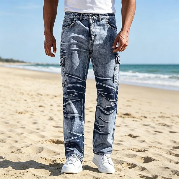 Men's Straight Leg Jeans Multi Pocket Design American Casual Versatile Trousers for All Seasons_viptrois.com