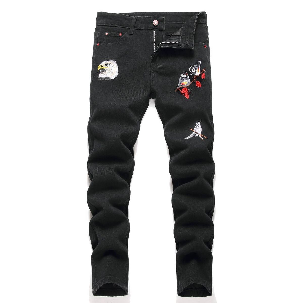 Kids’ Clothing Middle And Large Non Elastic Black Embroidered Denim Straight Trousers_viptrois.com