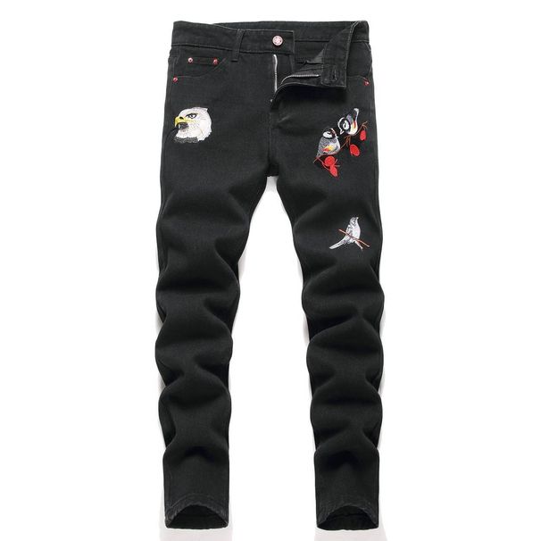 Kids’ Clothing Middle And Large Non Elastic Black Embroidered Denim Straight Trousers_viptrois.com
