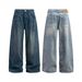 Men's Clothing Retro Washed Old Double Pleated Jeans Trendy Loose Baggy Wide Leg Mopping Casual Trousers_viptrois.com