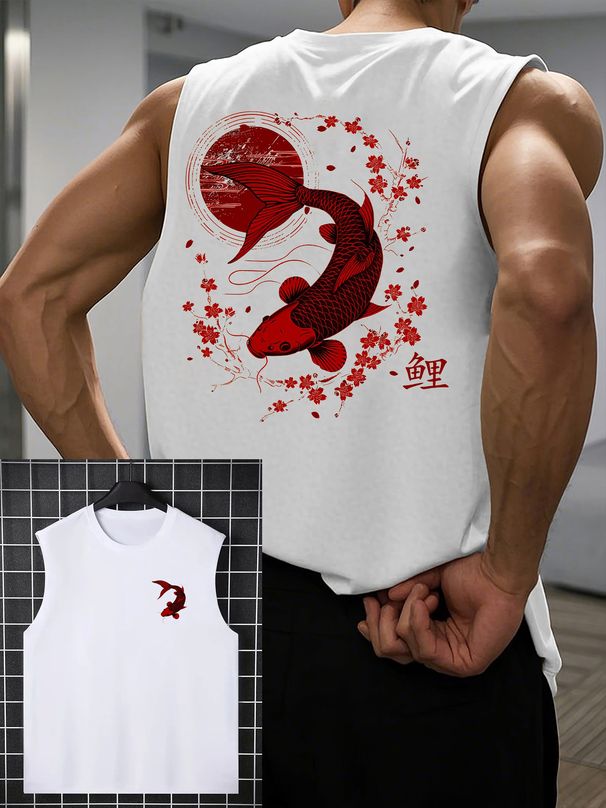 100% Pure Cotton Men's Summer Casual Sports Fitness Loose Japanese Ukiyo-e Style Koi Pattern Printed Breathable Round Neck Sleeveless Vest_viptrois.com