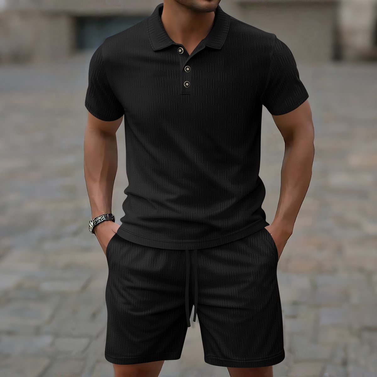Men's Clothing Solid Color Jacquard Lapel Button Short Sleeved Shorts Suit_viptrois.com