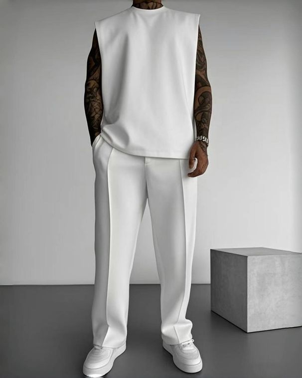 2026 Summer New Men Solid Sleeveless Vest Pants 2Pcs Set Loose Sports Casual Streetwear Breathable Daily Fashion Outfit_viptrois.com