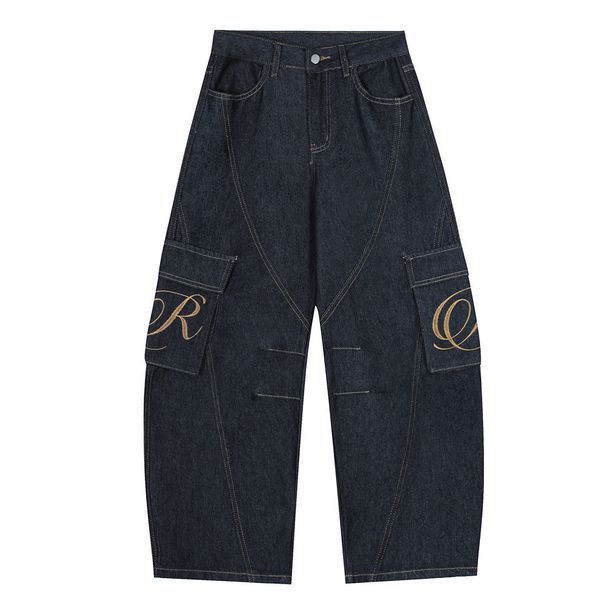 American High Street Silhouette Scimitar Jeans Trendy Brand Men's Design Sense Deconstructed Embroidered Pocket Curved_viptrois.com