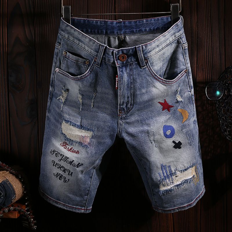 Men's Street Fashion Denim Shorts Retro Light Blue Ripped Embroidered Shorts Denim Shorts _viptrois.com