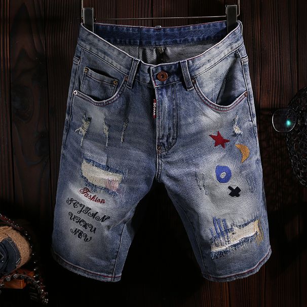Men's Street Fashion Denim Shorts Retro Light Blue Ripped Embroidered Shorts Denim Shorts _viptrois.com