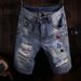 Men's Street Fashion Denim Shorts Retro Light Blue Ripped Embroidered Shorts Denim Shorts _viptrois.com