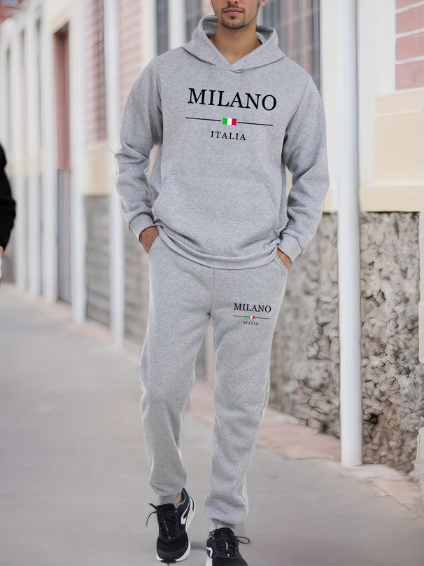Men's Autumn And Winter Casual Fashion MILANO ITALIA Pattern Printed Loose Suede Thick Hooded Sweatshirt+sports Pants Set_viptrois.com