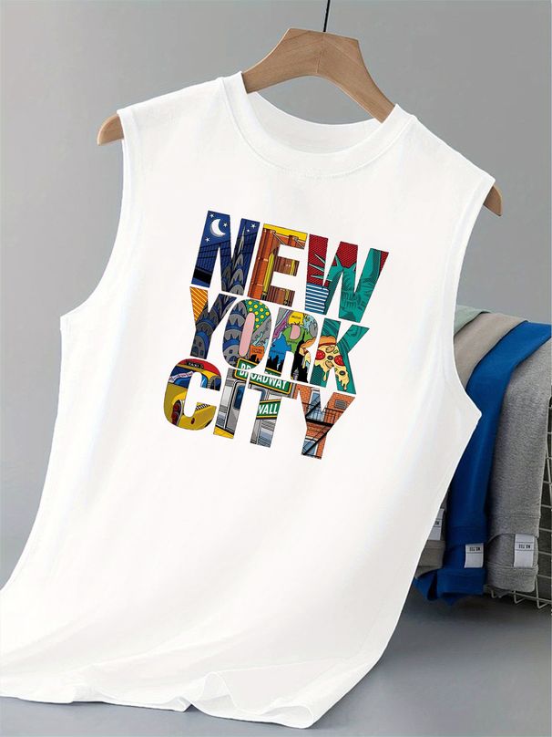 100% Pure Cotton Men's Summer Casual Sports Fitness Loose New York Letter Pattern Printed Breathable Round Neck Sleeveless Vest_viptrois.com