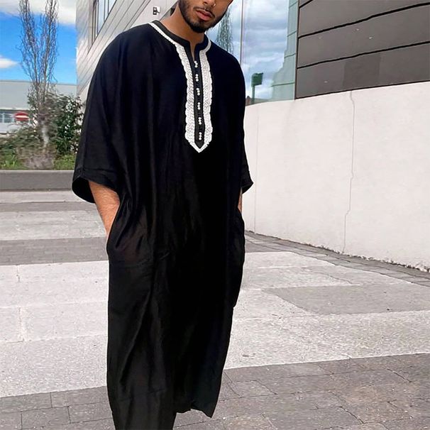 Men's Clothing Men's Black Long Sleeve Classic Embroidered Robe Men's Casual Black_viptrois.com