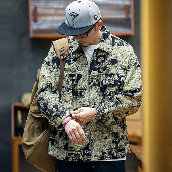 Denim Jacket Men's Autumn Loose Trendy Brand Ins Large Size Jacquard Top Men's Lapel Casual Jacket Trendy_viptrois.com