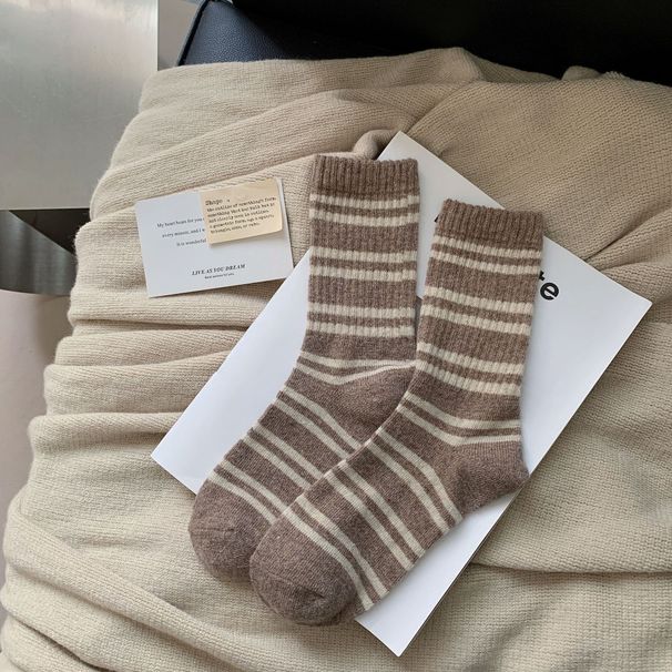 Wool Socks For Men And Women, Warm Thermal Mid-Crew Socks With Striped Pattern, Soft And Breathable, Unisex Casual Socks For All Seasons_viptrois.com