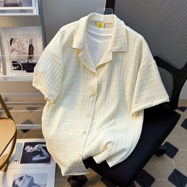 Men's Clothing Men's New Summer Loose Handsome Trendy Casual Shirt High End Drape Cuban Collar Short Sleeved Shirt_viptrois.com