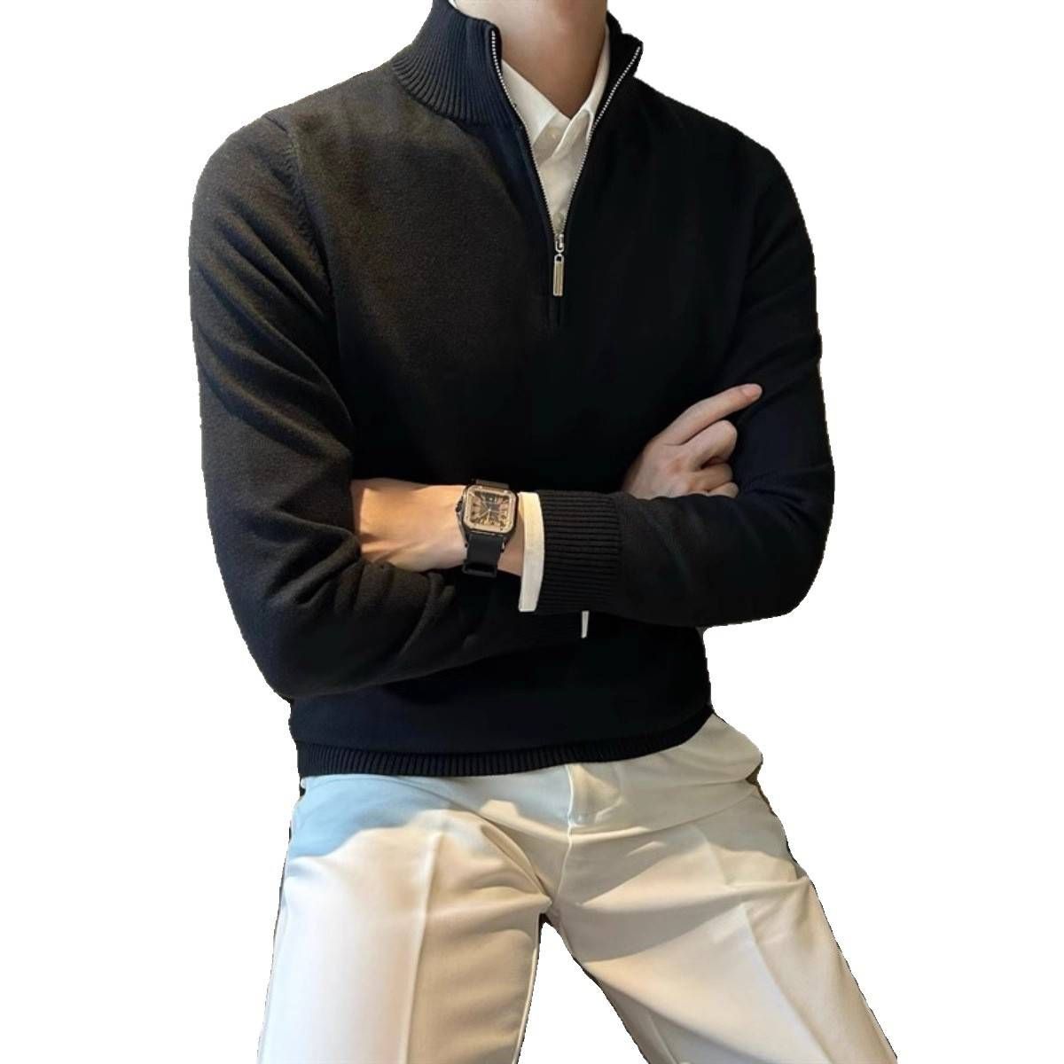 Men's Slim Fit Half-Turtle Neck Pullover Sweater - Breathable Knit Casual Long Sleeve Top For Winter (Black/White/Brown)_viptrois.com